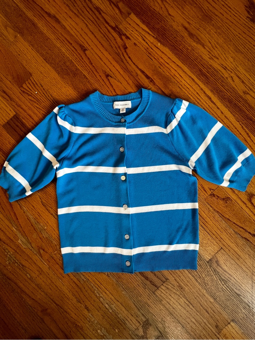 Blue & White Striped Short-Sleeve Button Front Cardigan